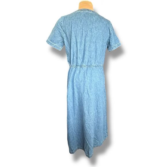 Vintage 90s Faded Glory Denim Button Front Midi Dress Short Sleeve Vneck Pockets - Picture 6 of 12